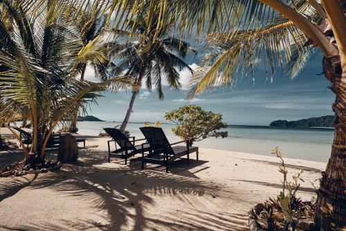 zwei Stühle am Strand mit Palmen und dem Meer in der Unterkunft San Nicolas Private Beach in Busuanga