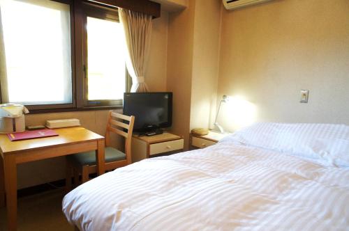 a bedroom with a bed and a desk and a television at Petit Hotel Shitaka in Hakuba