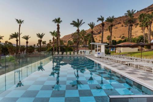a pool at a resort with palm trees at Hotel Lake House Kinneret in Tiberias