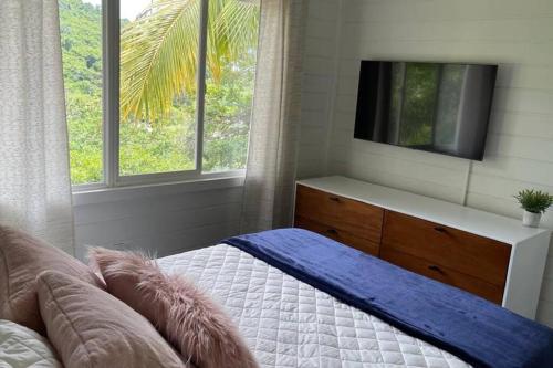 ein Schlafzimmer mit einem Bett und einem TV an der Wand in der Unterkunft Treehouse in Tamanique