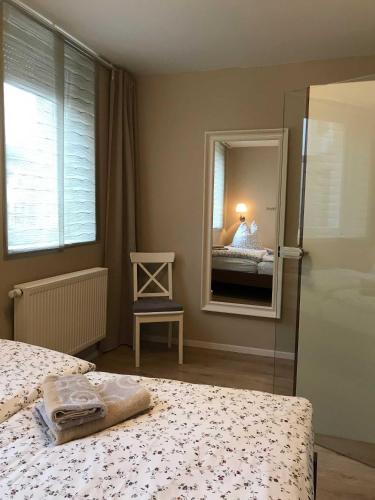 a bedroom with a bed and a large mirror at Ferienwohnung Eckloff in Lutherstadt Wittenberg