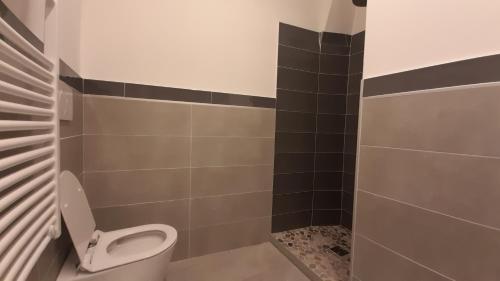a bathroom with a toilet and a tiled shower at Quiet Apartment - Affitti Brevi Italia in Bologna