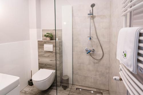 a bathroom with a toilet and a shower at Tenis Park Advantage in Bielsko-Biala