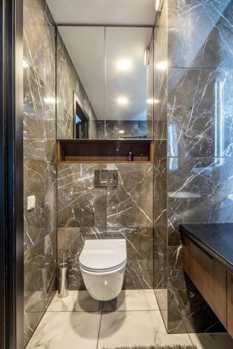 a bathroom with a toilet and a glass shower at Prabangūs apartamentai su džiakuzi (Jacuzzi) in Klaipėda