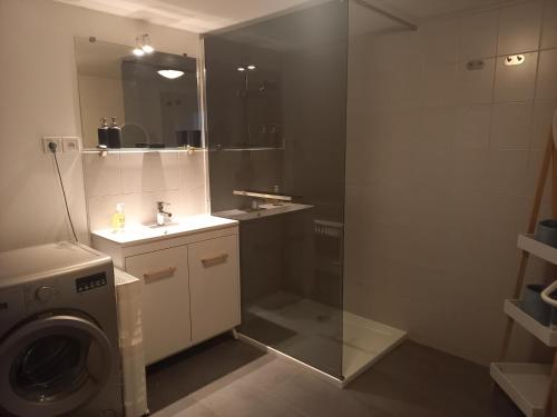 a bathroom with a washing machine and a glass shower at Le Quatorze in Bollène