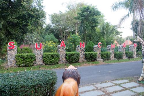 a dog is looking at a sign that says santa cruz at Baansuanchan resort in Ban Tha Nam Tun