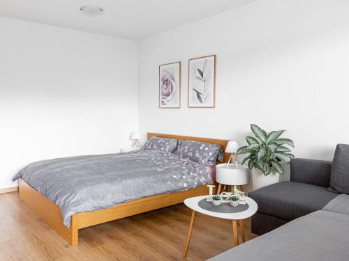 a bedroom with a bed and a couch at Apartma Vrtnica 5th floor in Nova Gorica