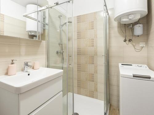 La salle de bains est pourvue d'un lavabo et d'une douche. dans l'établissement Apartma Vrtnica 5th floor, à Nova Gorica