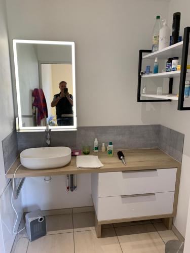 un hombre tomando una foto de un lavabo de baño en Busset Liages situé dans le Bourbonnais 2 chambres lits double et un clic clac, en Busset