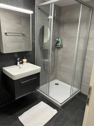 a bathroom with a shower and a sink at Studio JASMINE interlaken in Interlaken