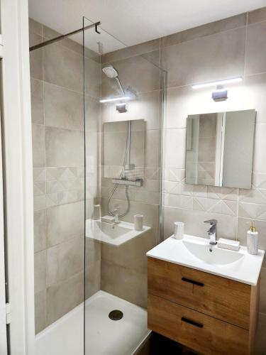 une salle de bain avec une douche, un lavabo et un miroir dans l'établissement Appartement cosy 4 personnes charme estival à la montagne, à Les Deux Alpes