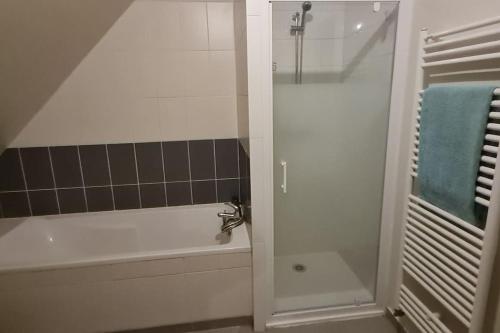ein Badezimmer mit einer Dusche, einer Badewanne und einem Waschbecken in der Unterkunft Magnifique villa Boubou 300m2 avec piscine in Troarn