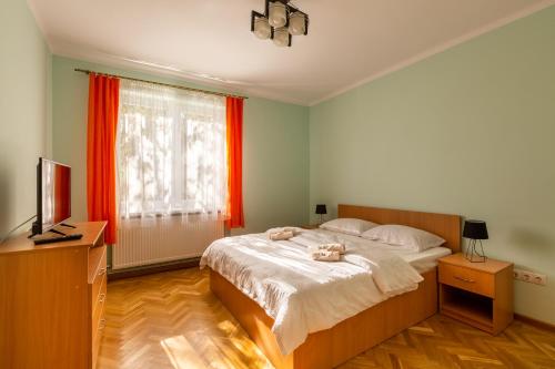 een slaapkamer met een bed met een kat erop bij CASA PANORAMA in Cisnădie