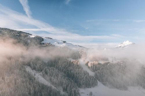an aerial view of a mountain with fog and trees at Naturresort PURADIES in Leogang