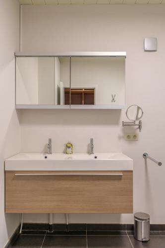 a bathroom with a sink and a mirror at De Vesten Comfort Lodge in Laakdal