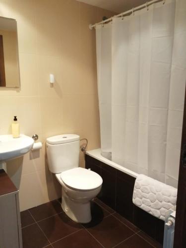 a bathroom with a white toilet and a sink at Apartamento Ibañez Martín in Mora de Rubielos
