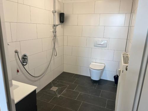 uma casa de banho com um chuveiro e um WC. em 3 Bett Zimmer em Ramstein-Miesenbach