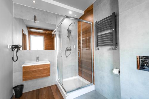 La salle de bains est pourvue d'une douche et d'un lavabo. dans l'établissement Rezydencja, 