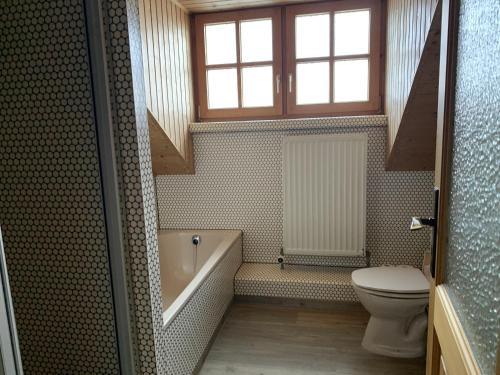 a bathroom with a toilet and a bath tub at Anisers Hüs in Altstädten