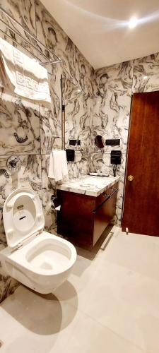 a bathroom with a toilet and a sink at Hotel Madhuban in Silvassa