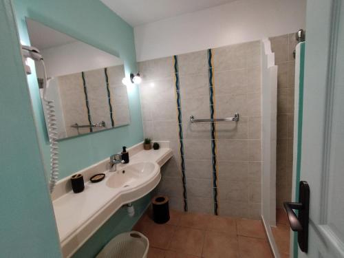 a bathroom with a sink and a shower at Studio Coco Zen in Sainte-Anne