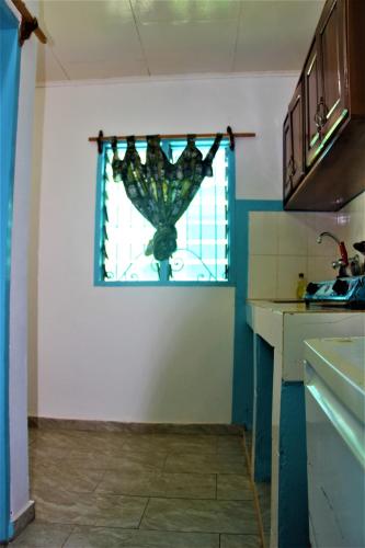 a kitchen with a window with a vase on it at OCEAN-SI Mansion in Kribi