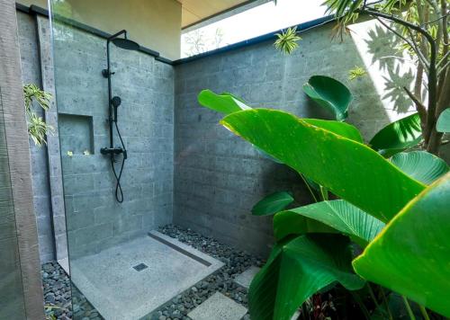 uma casa de banho com um chuveiro com plantas verdes em Bula Villa em Umeanyar