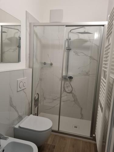 a white bathroom with a shower and a toilet at Maso kreuzberg- Monolocale 3- vista montagne in Trento