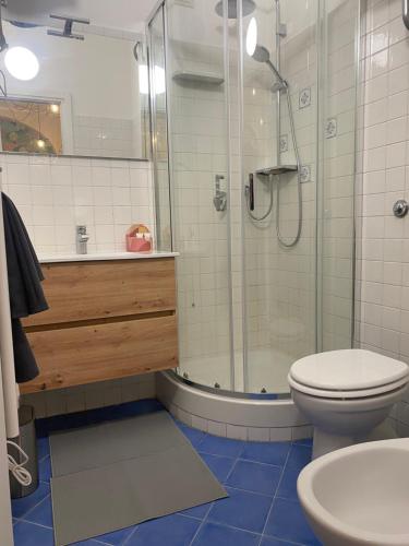 a bathroom with a shower and a toilet and a sink at Saffi58 Holiday Home in Viterbo