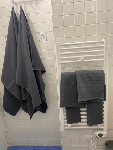 a bathroom with black towels hanging on a wall at Saffi58 Holiday Home in Viterbo