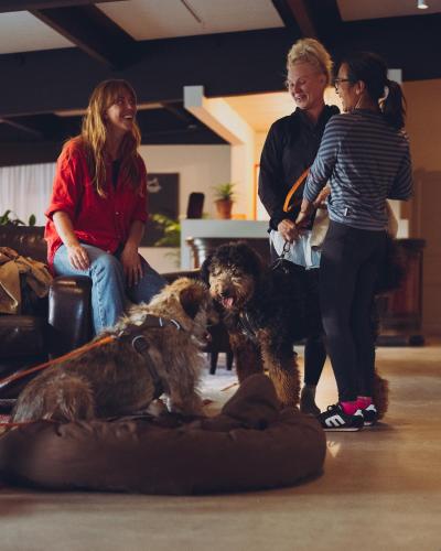 a group of people with a dog in a room at Lofsdalens Fjällhotell & Hotellbyns Lägenheter in Lofsdalen