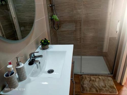uma casa de banho com um lavatório branco e um chuveiro em Conde de la Encina em Trujillo