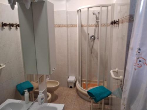 a bathroom with a shower and a sink and a toilet at B&B LA BOUGANVILLE in Spoltore