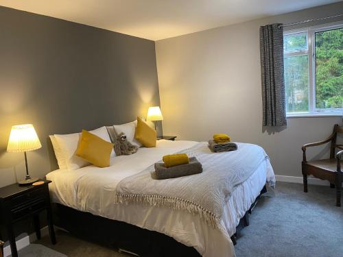 1 dormitorio con 1 cama grande con almohadas amarillas en Ardenbeg, en Grantown-on-Spey