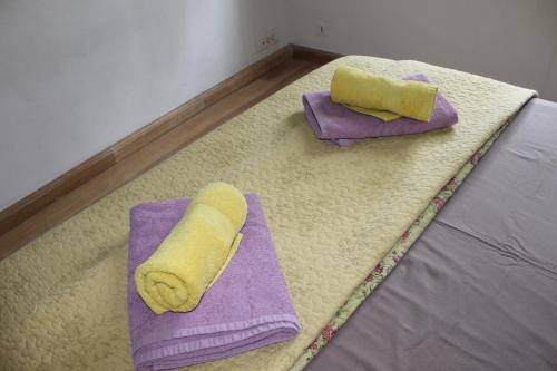 2 Handtücher liegen auf einem Bett in der Unterkunft Duplex- Isle sur Sorgue in LʼIsle-sur-la-Sorgue