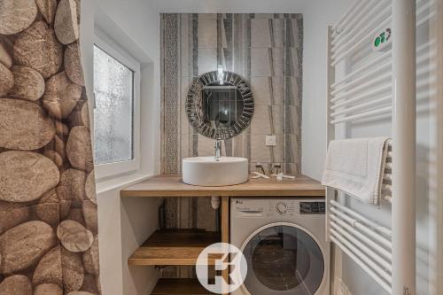 ein Badezimmer mit einem Waschbecken und einer Waschmaschine in der Unterkunft R'Apparts Le Petit Chalet du Téléphérique in Grenoble