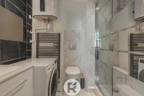La salle de bains est pourvue de toilettes et d'une douche en verre. dans l'établissement R'Apparts Studio Chic des Quais, à Grenoble