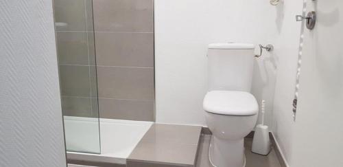 ein Bad mit einem WC und einer Glasdusche in der Unterkunft Drosselnest Moderne Design-Wohnung Hier ist alle neu! in Minden