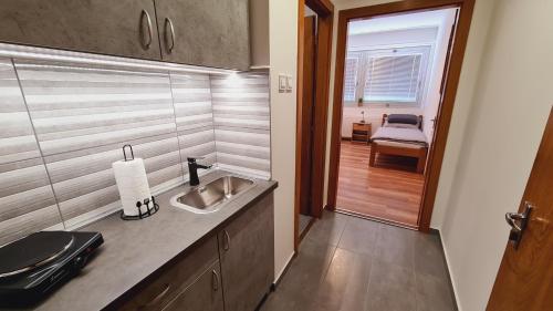 a bathroom with a sink and a bed in a room at HÉDER APARTMANOK in Balatonfenyves