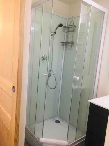 une douche avec une porte vitrée dans une salle de bain dans l'établissement les petits chalets de kzo, à La Teste-de-Buch