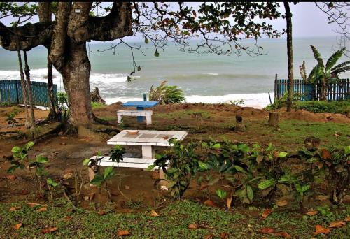 a picnic table on the beach with the ocean in the background at OCEAN-SI MAnsion in Kribi