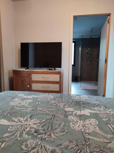 a bedroom with a flat screen tv and a bed at Fredhousedurbuy 2 in Durbuy