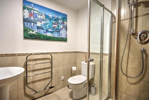 a bathroom with a shower and a toilet and a sink at 5 Argyle Place in Dornoch