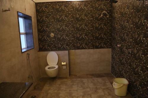 a bathroom with a toilet and a shower and a window at Hotel SSLR ,Gangavathi in Hampi