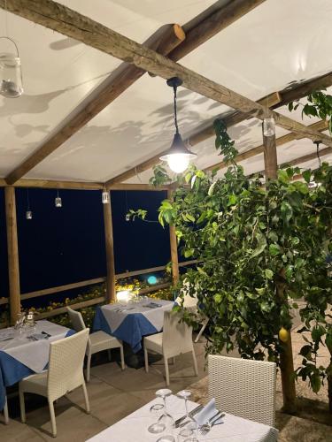 a restaurant with tables and chairs and a plant at Fico D'India Relais in Furore