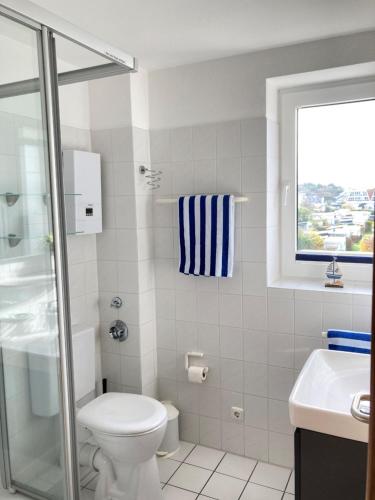 a bathroom with a toilet and a shower and a sink at Haus Horizont Fewo Nr. 4 in Cuxhaven