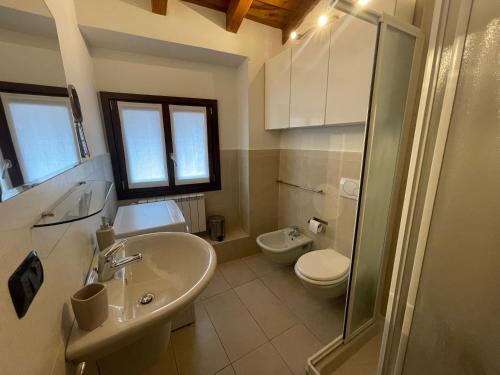 ein Bad mit einem Waschbecken, einem WC und einer Dusche in der Unterkunft Riso e Latte Casa Vacanze in Pisogne