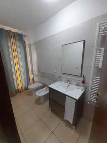een badkamer met een wastafel, een toilet en een spiegel bij jolly casa 2 in Cosenza