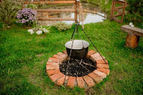 a pot on top of a fire pit in a yard at Casa Pintea de Sub Coastă in Breb