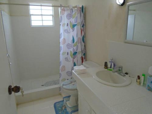a bathroom with a sink and a toilet and a shower at Simply Beautiful Two Storey home/apt awaits you in Saint James